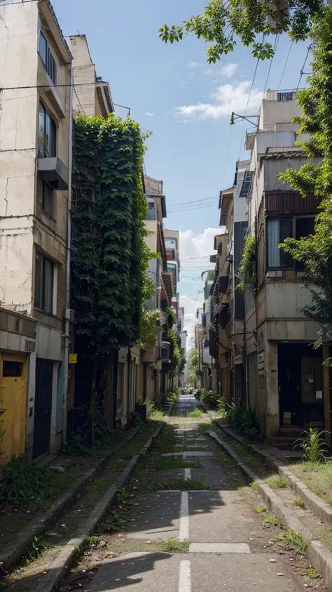 A juxtaposition of a busy urban area being overtaken by nature. Trees and vines growing over buildings and streets, with wildlife making its way through the once-bustling city. The image should contrast the man-made environment with the reclaiming force of...