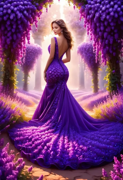 Best quality,4k, 8 K,a high resolution, masterpiece, unique, bright, perfect, well done, woman and long dress made of purple flowers, hips, very detailed,realistic, realistic,студийное Photo,Very detailed,Dynamic,cinematic,masterpiece,difficult,HDR , Abstr...