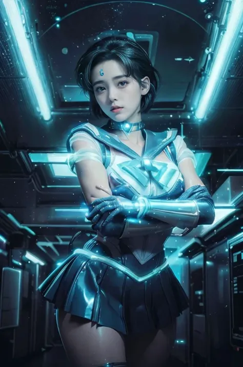 Sailor Mercury in Virtual Space, Diving into virtual space, Costume avatars for cyberspace, masterpiece, Highest quality, 超A high resolution, (Realistic), RAW Photos, (Portraiture), Surreal:1.1, Soft Focus,