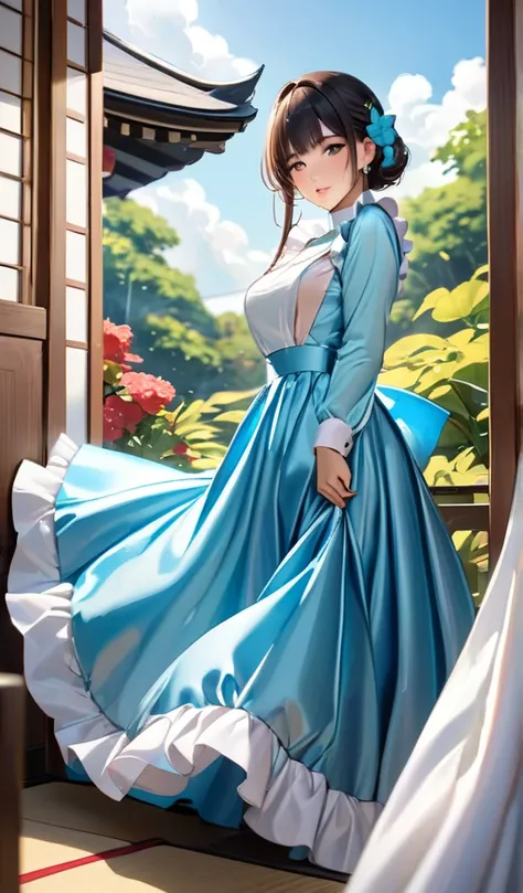 (masterpiece,highest quality,超A high resolution),Japanese women, (((Very beautiful 25 year old girl))), pretty girl、Satin maid dresses completely cover the body without revealing the chest area..、(Shiny light blue long sleeve maid dress)、High neck shirt、Me...