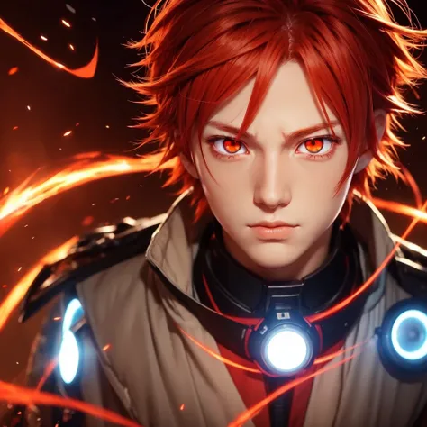 Anime boy with red hair and orange eyes, Glowing red eyes, Anime boy with orange hair, with Glowing red eyes, Stunning Anime Face Portraits, His eyes were glowing red, Glowing red eyes, Bright red hair and red eyes, With eyes that glow red, My eyes are com...