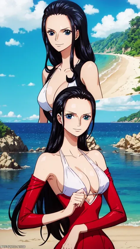 best quality, masterpiece, over  the  sea,1girl (((slit Red Dress)))、Beautiful sunlight on the beach, One Piece character (Nico Robin), ((Long Straight black hair)), smile, extremely beautiful, looking at the viewer, Big Breasts:1.6. (top-quality, 8K, mast...