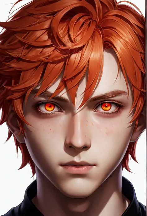 Anime boy with red hair and orange eyes, Glowing red eyes, Anime boy with orange hair, with Glowing red eyes, Stunning Anime Face Portraits, His eyes were glowing red, Glowing red eyes, Bright red hair and red eyes, With eyes that glow red, My eyes are com...