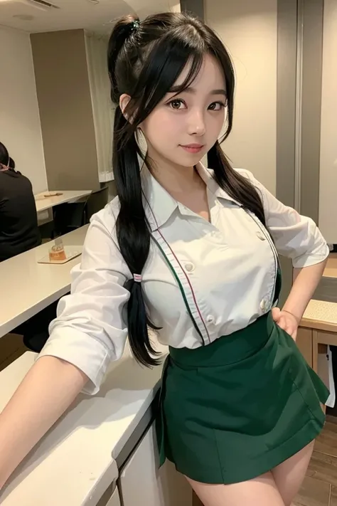 
One girl, High resolution, Japanese women in their 20s、Black Hair、Shortcuts、green apron、Green Skirt、restaurant clerk、Twin tails
