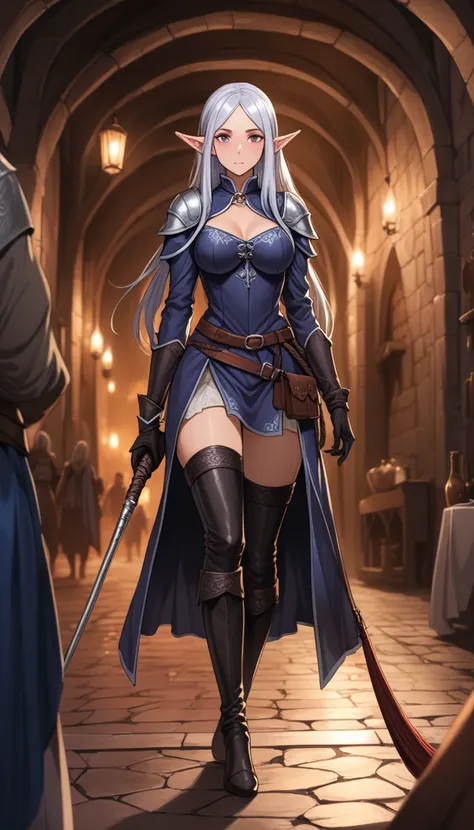 (1female, female, solo, Elf, Drow), (adult), (slim, medium breasts, beautiful hips, horny face expression), (silver straight hair, long braided haircut), 
(Dungeons and Dragons, character), (Assassin), (walking), 
(medieval royal black harness, royal black...