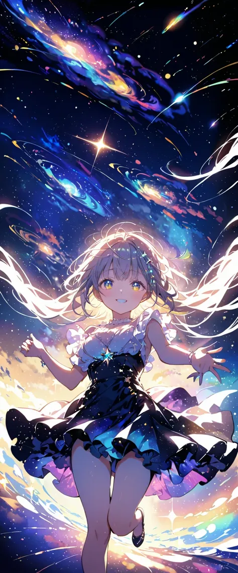 Attention to detail, Super Detail, Ultra-high resolution, A girl having a good time in a dream galaxy, Surrounded by stars, The warm light that shines on her, The background is a starry sky with colorful galaxies and galactic clouds, The stars fly around h...