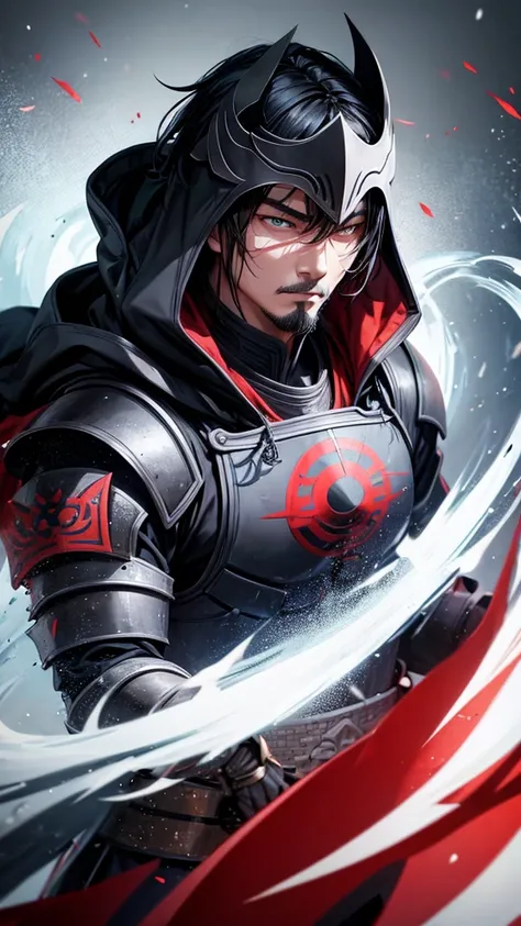 Make a character, Cao Cao, stark, with black armor, with a gray mask, with a hood 