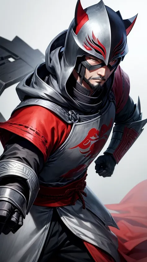 Make a character, Cao Cao, stark, with black armor, with a gray mask, with a hood 