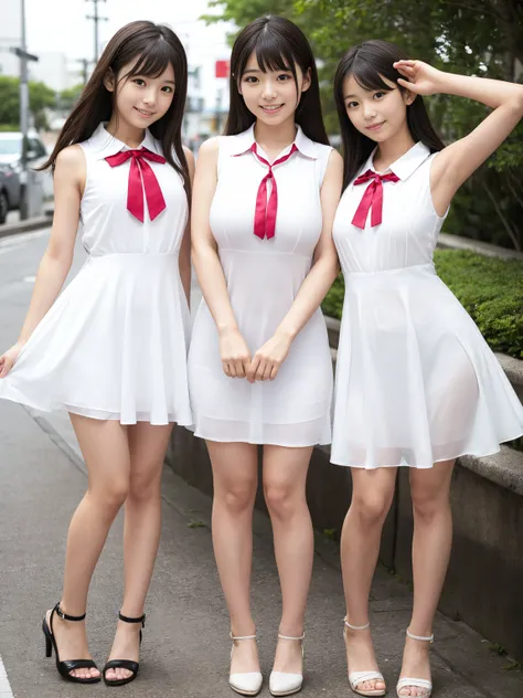 Japanese women, (Underweight), (Highest quality:1.5), (Bright smile:1.3), fun, walk, Long Hair, (A white, sleeveless, collared, tight, see-through dress), Bright atmosphere, Full Body Shot、No background、(Erect nipples)、(A dress that accentuates the body li...