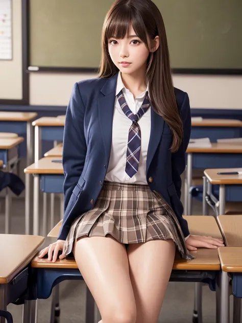 Product quality,1 girl,Cowboy Shot,Front view,Young and pretty girl in Japan,Daytime, ((High school classroom:1.2)),Schoolgirl uniform,blazer,Wearing,Wearing a blue checkered pleated micro mini skirt,Super cute face,Glossy Lips,Double eyelids on both eyes,...