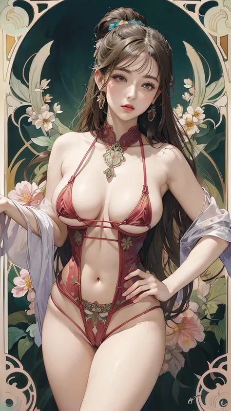 ((masterpiece)), (best quality) photorealistic ,fantasy, beautiful woman, good mood, topless ,beautiful round breasts, large breasts, dress-corset ,micro panties ,show your neck, bare shoulders ,show navel，exposed camel toe, Plum blossom tattoo on butt ,bi...