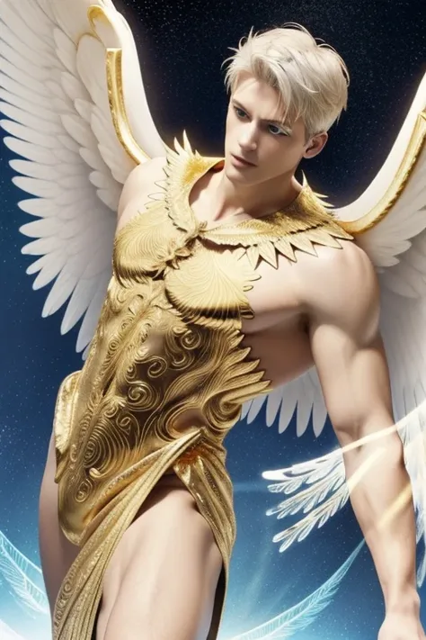 Full body shot (close-up:1.5),muscle,menstoga,in white and gold costume, male focus, solo, 1boy, (bare shoulders),looking at viewer, ice blue eyes,nude,(Seraphim:1.5), (multiple wings:1.5), in the sky, (floating:1.3), (midair:1.5), cloudan with wings), ang...