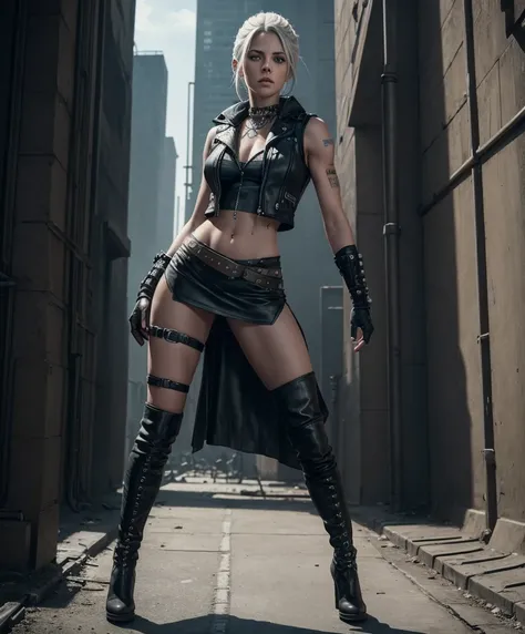 (((Full-length shot))),((Best quality)), ((masterpiece)),((full height)), (detailed),muscular build and medium breasts .., wears an open black leather vest.., black leather gloves, a short skirt and heavy boots. She has a punk rock look.Hyper-realistic clo...