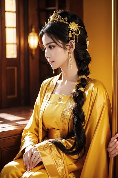 Black Hair, Immortal, Beauty, Royal sister, Stepmother, Gold Yellow Taoist robe, Golden Phoenix Coronet, Hair Bunch, Beautiful , Mature Woman，Sunshine