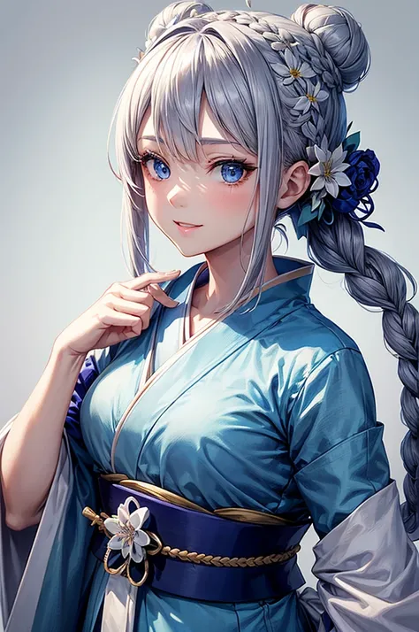 Anime character, half body only, upper body only, half body portrait, posing like a model, good looking, beautiful, full of details, aesthetic, hd, masterpiece art, amazing work. Solo, young girl, hair in bun, part of hair in braid, flower accessories in b...