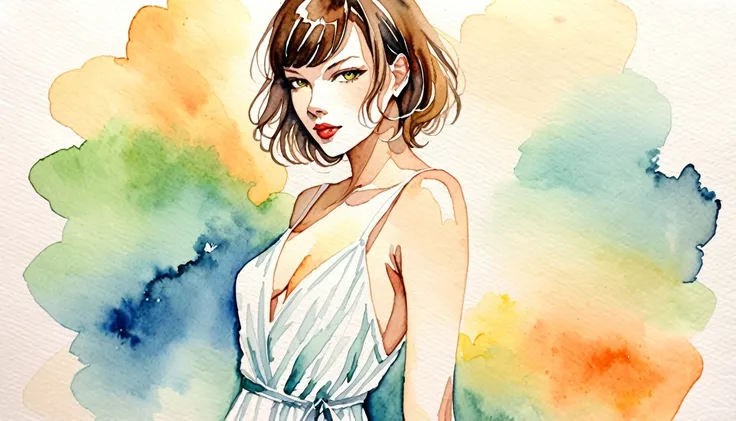 masterpiece,Milla Jovovich,watercolor,White Dress,(Beautiful gradation created by layering),(Tarashikomi technique)