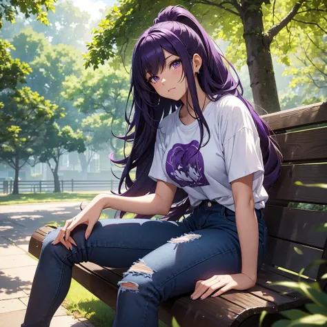 "Anime-style illustration of a beautiful young woman with long, dark purple hair in a high ponytail. She has large, expressive purple eyes and is wearing a fitted white t-shirt with a graphic design, along with ripped blue jeans. She is sitting on a park b...