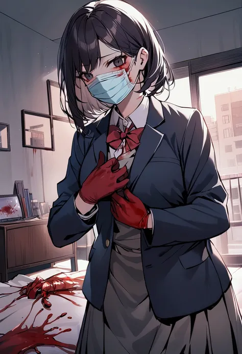 Living room Background, bloody, gore, school blazer, school uniform, surgical apron, medical gloves, surgical mask, 1girl, dark hair, 