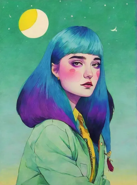 Madonna bangs, sea-green jacket, blue hair, crescent moon, evening, ginkgo leaf, gradient, gradient background, gradient sky, jacket, long hair, moon, spring-green background, violet sky, shirt, solo, sunset, twilight, upper body, white shirt, yellow backg...