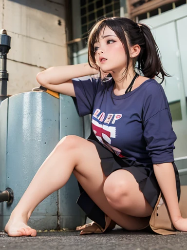 woman, Droopy eyes, Realistic eye size, Pleated skirt, (Round face), Straddle a pipe bollard standing on the ground and hit yourself in the groin, masturbation behavior, Leg spread, Angle from below, Braiding, 