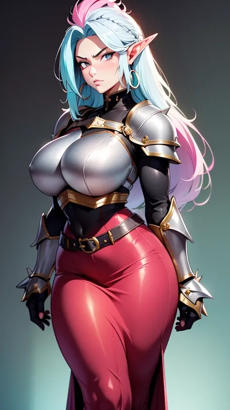 High detailed, 1 girl, gradient 2 colored hair, cyan-pink colored hair, elf ears, extremely huge wild spiked  hair, wild spiked hairstyle, serious, sapphire colored eyes, sharp eyes, long earings, big busty, firm plump body, silver armor, soft breastplate,...