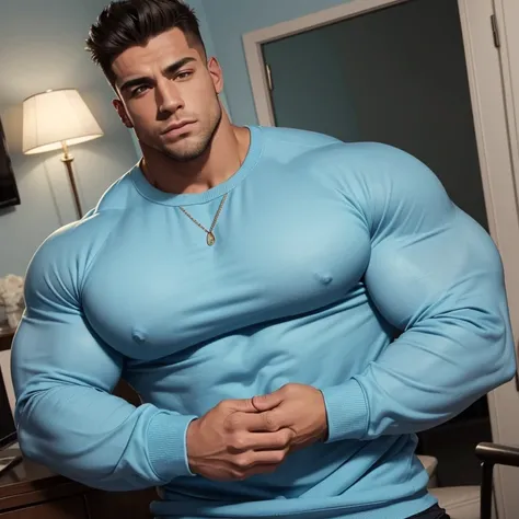 a very handsome young man, massively muscular, with massively large muscles, with massively large and muscular biceps, with massively large and muscular arms, massively muscular bodybuilder, extremely large muscular, wearing a simple light blue sweatshirt ...