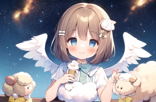 ((masterpiece, Best details, alone)), One girl, Angel, (short hair, Dark brown hair), Blunt bangs, blue eyes, (Fluffy short sleeve pastel blue ruffled dress), (Angel wings), Cloud Hair Ornament, (Sheep Girl), (Stuffed sheep), golden gate, Yellow bow tie, P...