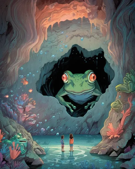 a child looking at a frog in a cave with a woman looking at it from the bottom of the cave, Diego Gisbert Llorens, josan gonzales e dan mumford, a storybook illustration, psychedelic art ,1 girl, bubble, coral, AngelT, horizon, ocean, water, ripples, long_...