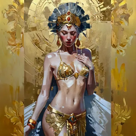 detailed oil painting of a beautiful nude female goddess, highly detailed face and body, goddess of fortune, intricate detailed dress, ornate golden headdress, goddess pose, dramatic lighting, vibrant colors, photorealistic, 8k, masterpiece, hyper detailed