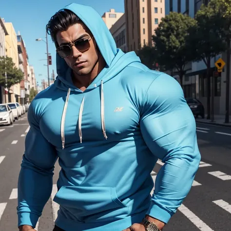 a very handsome young man with sunglasses, massively muscular, with massively large muscles, with massively large and muscular biceps, with massively large and muscular arms, massively muscular bodybuilder, extremely large muscular, wearing a simple light ...