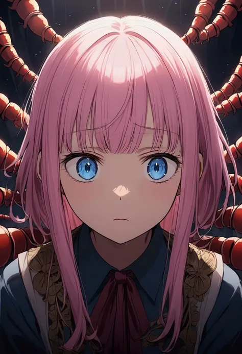 centipede、Surrounded、Fearful expression、Girl with pink hair、blue eyes、Twin Drill、A scene from a movie