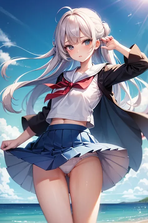 (master_piece, high_quality, beautiful, super delicate, absurdres:1.2), 1girl, mature, 16 years old, beautiful face, ahoge, hair fluttering in the wind, white hair, blue eye, (sailor suit, long skirt, The wind is blowing, Skirt flipped up, I can see your u...