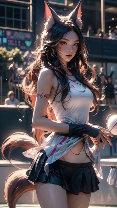 sports center,exciting game,Japanese nine-tailed fox girl,Long flowing hair,Wear sportswear,on the tennis court（play tennis）,During the game