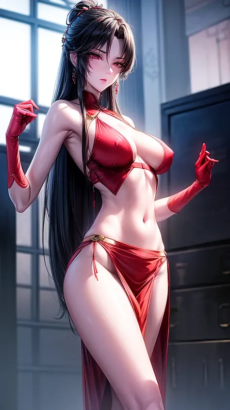 Woman wearing red Chinese-style bellyband, （Translucent red silk skirt）Milk, Elegant body, navel focus, Naked body, Gloves, earrings, Science fiction, Actress, permanent, Volumetric Light, Detailed lighting, Detailed texture, European Cyberpunk, The Opai o...