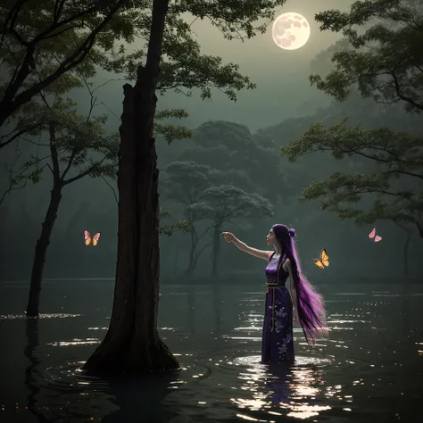 Create a mystical scene featuring a girl with long purple hair, dressed in traditional Chinese clothing, standing on water under a full moon. She gazes directly at the viewer, with butterflies dancing around her. Use a sfumato technique reminiscent of Da V...