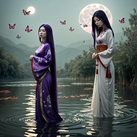 Create a mystical scene featuring a girl with long purple hair, dressed in traditional Chinese clothing, standing on water under a full moon. She gazes directly at the viewer, with butterflies dancing around her. Use a sfumato technique reminiscent of Da V...