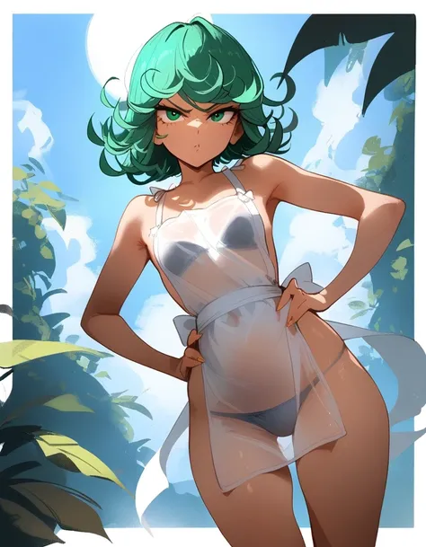 1girl, tatsumaki, one-punch man
 masterpiece, best quality, newest ///// nyantcha, khyle, cutesexyrobutts  thin waist, solo, cropped legs, angry, dutch angle, naked apron,, transperent, see-through. sky, clouds, outside border, hands on hips, looking at vi...