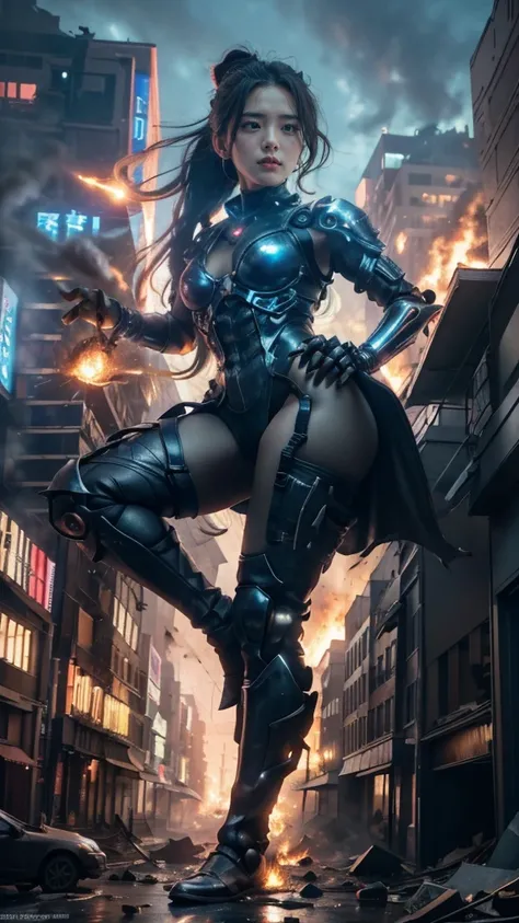 (giant girl elements, high resolution, high resolution, high quality, accurate body structure, detailed body), sexy, battle suit, towering giant girl, looking up at approaching woman from below, giant attacks city, cute, girl destroying small town, destroy...