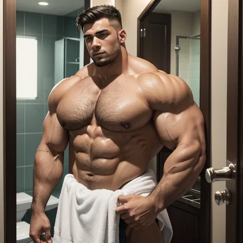 a very handsome young man, massively muscular, with massively large muscles, with massively large and muscular biceps, with massively large and muscular arms, massively muscular, extremely large muscular bodybuilder, shirtless, holding a towel, in a bathro...