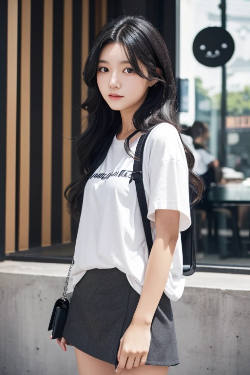 One girl with long black hair and loosely curls her hair is wearing a miniskirt with large charcoal gray pleats and a short white T-shirt, and a small black moon-shaped bag on her shoulder. A stylish cafe with a concrete style in the background