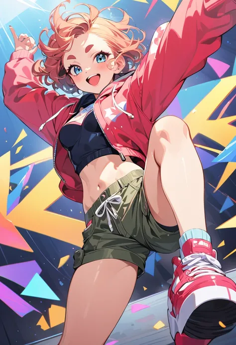 (masterpiece, best quality:1.1), (ultra highres, ultra-detailed:1.2),pop-art style,Dance,Artistic jump,breakdance,breakin,Strenuous movements,vibrancy,solo,Fluttering hair,japanese Cute Baby,Bright smile,half-open mouth,(cropped cargo pants,hoodie,platform...