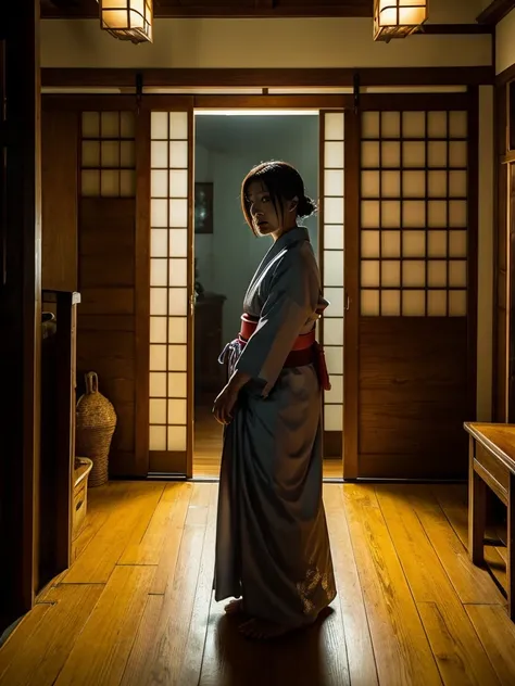 Create a realistic horror movie photo inspired by Japanese horror movies like "Ju-On." The image should be vertical (9:16 aspect ratio) and depict a terrifying elderly female oni (demon) in a traditional Japanese kimono. She should be shown from head to to...