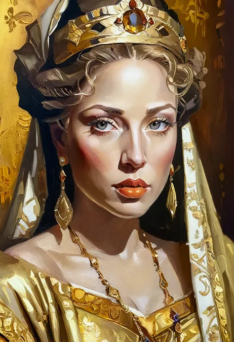 a detailed oil painting of a goddess of thieves, beautiful detailed eyes, beautiful detailed lips, extremely detailed face, long eyelashes, intricate golden jewelry, flowing ornate robes, dramatic lighting, renaissance art, warm color palette, chiaroscuro,...