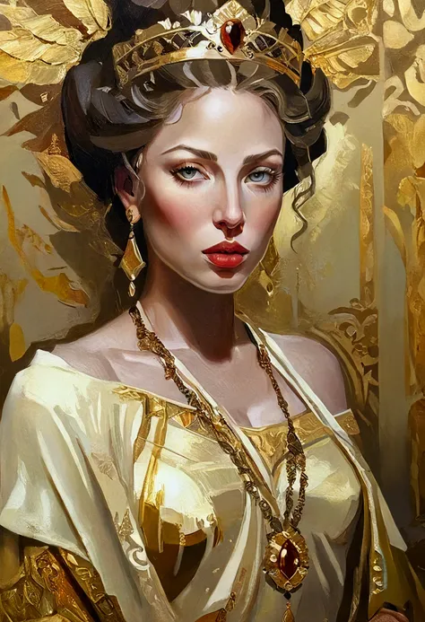 a detailed oil painting of a goddess of thieves, beautiful detailed eyes, beautiful detailed lips, extremely detailed face, long eyelashes, intricate golden jewelry, flowing ornate robes, dramatic lighting, renaissance art, warm color palette, chiaroscuro,...