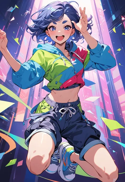 (masterpiece, best quality:1.1), (ultra highres, ultra-detailed:1.2),pop-art style,Dance,Artistic jump,breakdance,breakin,Strenuous movements,vibrancy,solo,Fluttering hair,japanese Cute Baby,Bright smile,half-open mouth,(cropped cargo pants,hoodie,platform...