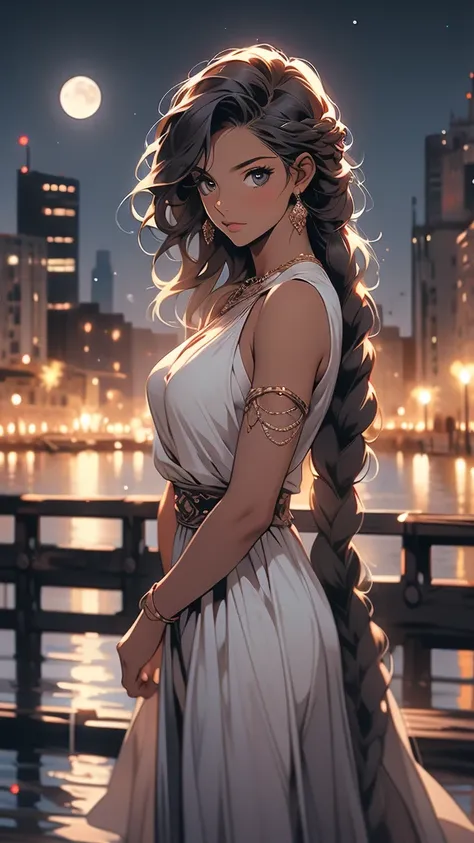 a woman with a braid standing on a pier looking at the river, 1girl, solo, braid, long hair, night, dark-skinned female, moon, dark skin, cityscape, city lights