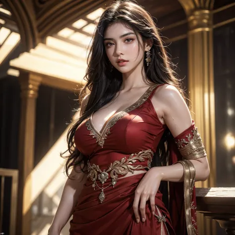 1 beautiful hot and sexy persian princess, fitted wet red sharara , long wavy black hair, pale white skin, entire body covered in glistening sweat, more sweat drops visible on his entire body, sweat dripping from armpits, large breasts visible, nipples vis...