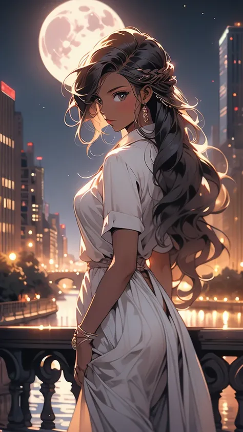 a woman standing on a bridge looking out over a river at a cityscape, 1girl, solo, braid, long hair, night, dark-skinned female, moon, dark skin, cityscape, city lights