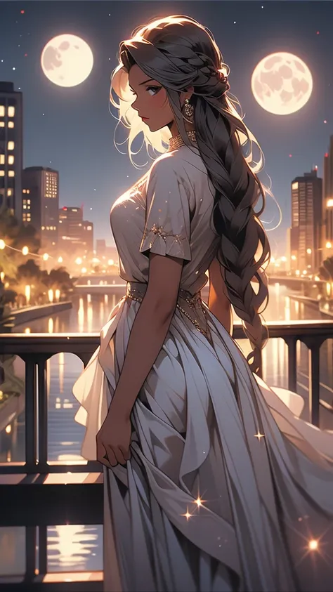 a woman standing on a bridge looking out over a river at a cityscape, 1girl, solo, braid, long hair, night, dark-skinned female, moon, dark skin, cityscape, city lights