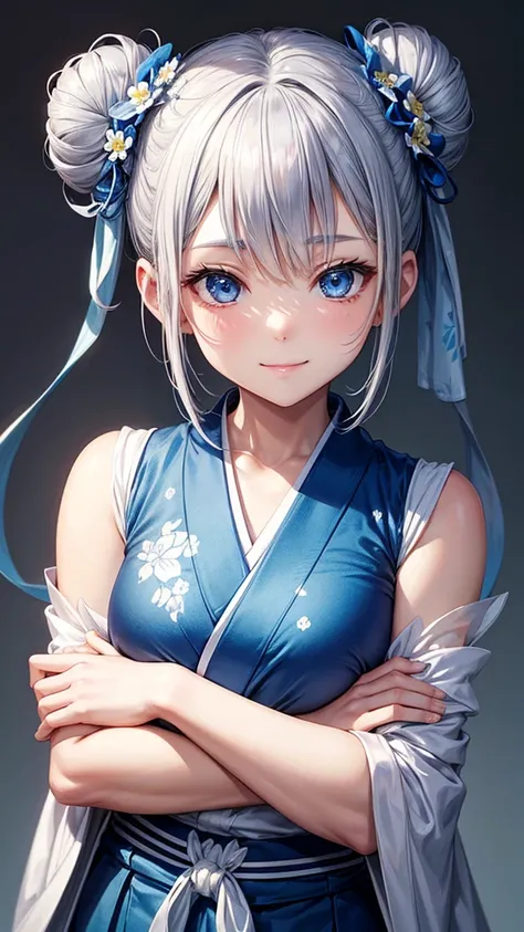 Anime character, half body only, upper body only, half body portrait, posing like a model, good looking, beautiful, full of details, aesthetic, hd, masterpiece art, amazing work. Solo, young girl, hair in bun, one bun, just one bun, flower accessories in b...